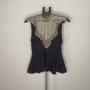 Unique black and gold blouse with beautiful details open back with bow. Medium